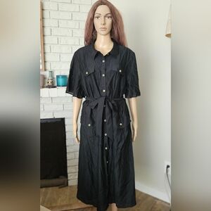 Saks Fifth Avenue Black Button-Up Maxi Dress Belted Half Sleeves